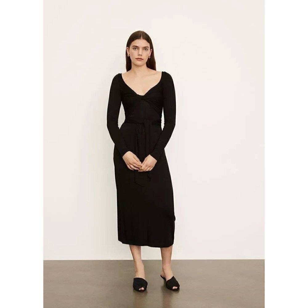 Vince Long Sleeve Wrap Midi Dress Black Womens Size Medium